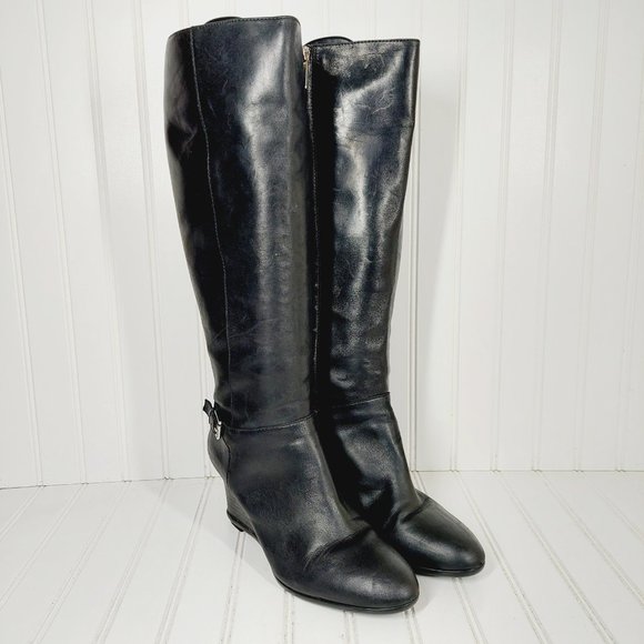 Ralph Lauren Tia Black Leather Side Zip Buckle Detail Wedge Heeled Boots I31 - Picture 4 of 14